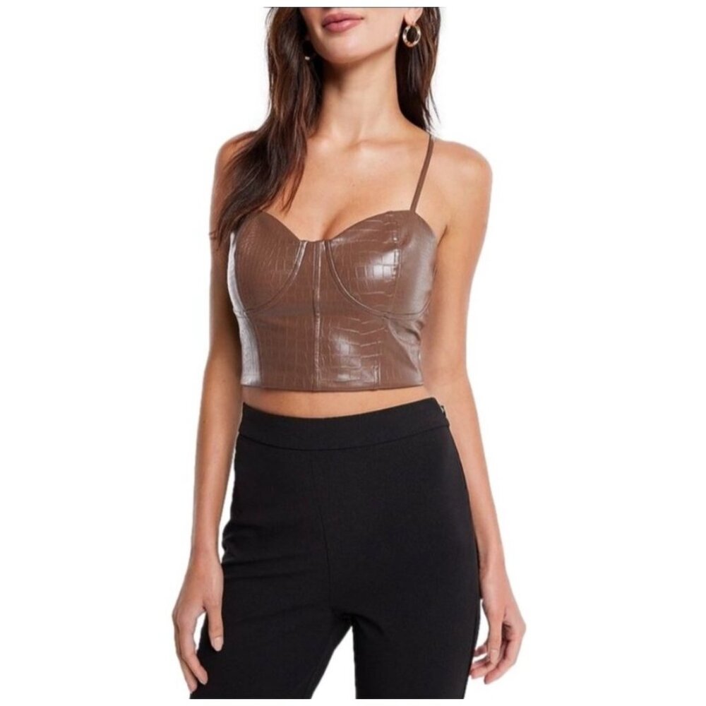 NEW Express Corset Cropped Top Body Contour Croc Faux Leather Brown Shirt Tank